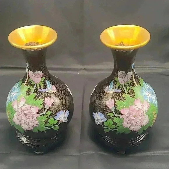 Set of 2 Matching Cloisonne 8" Vases with Stands - Picture 1 of 3